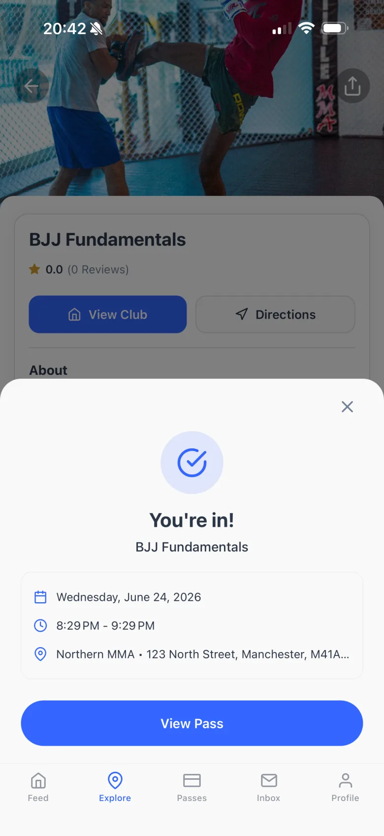 A booked BJJ fundamentals class in the Dyno member app