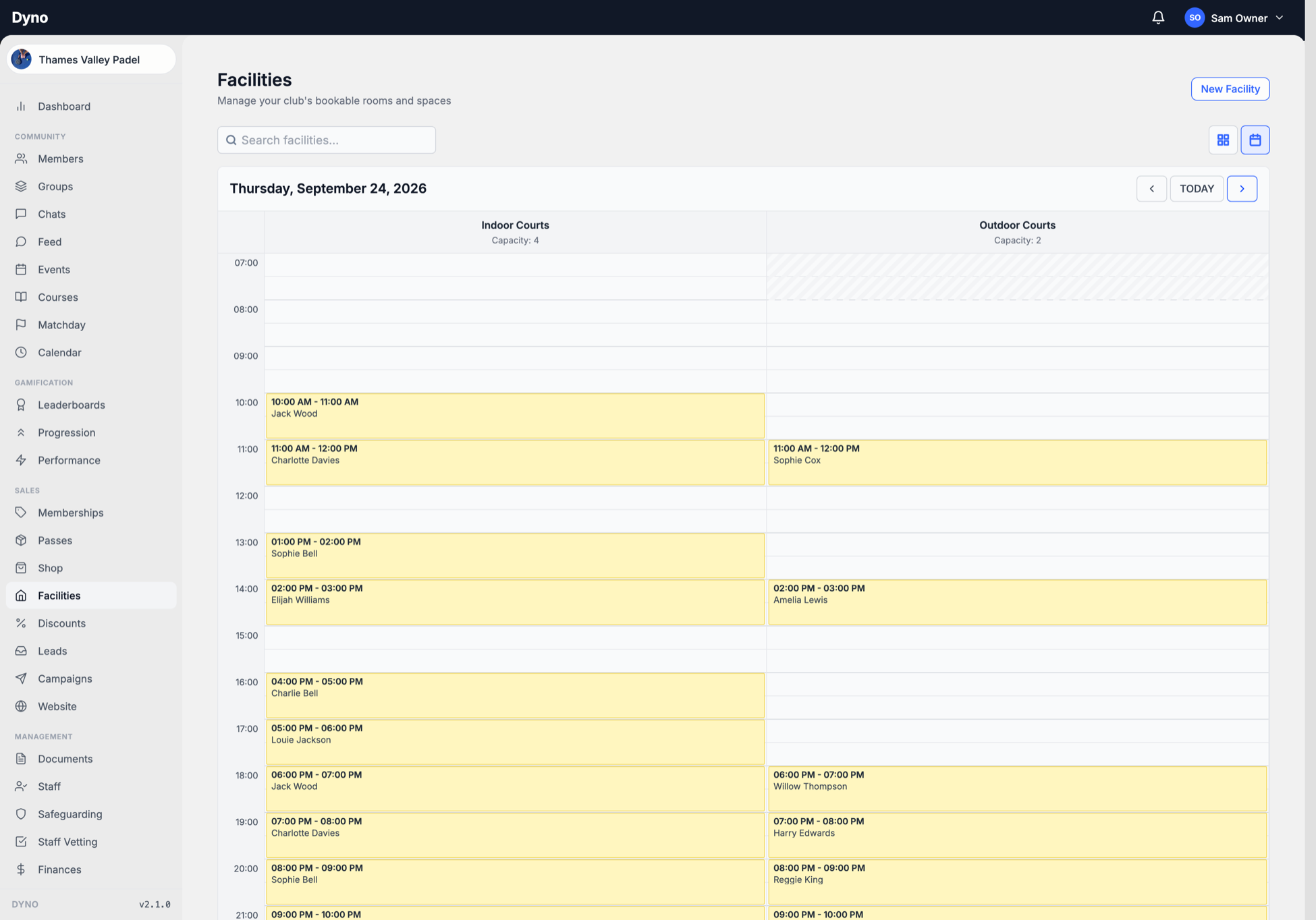 A day of court bookings on the Dyno dashboard for a padel club