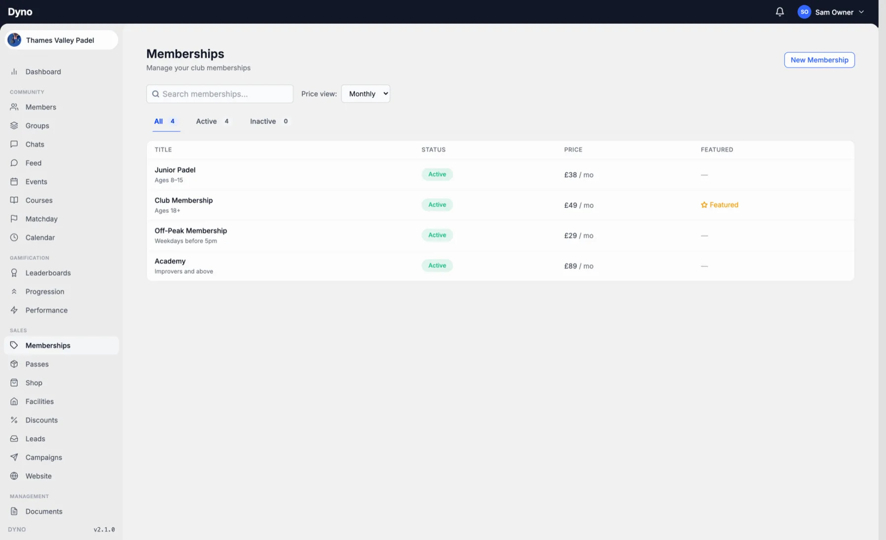 A racket club’s membership tiers on the Dyno dashboard