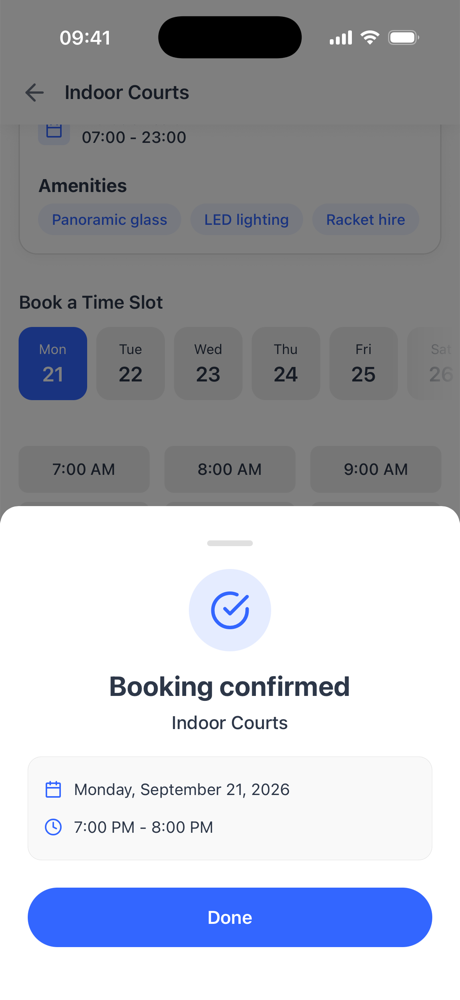 A confirmed court booking in the Dyno member app