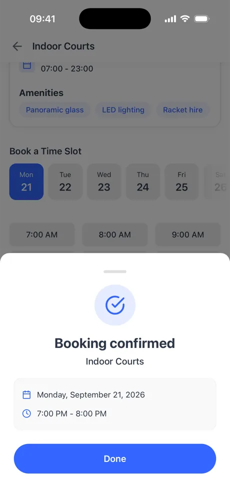 A padel court booking confirmed in the Dyno member app