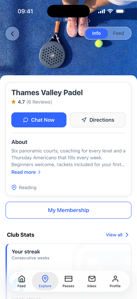 A padel club page in the Dyno member app