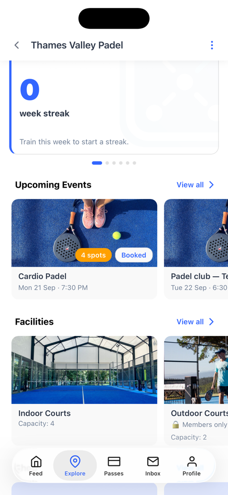 A padel club Americano and clinics in the Dyno member app