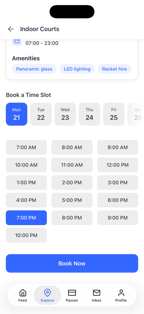 Choosing a court time slot in the Dyno member app