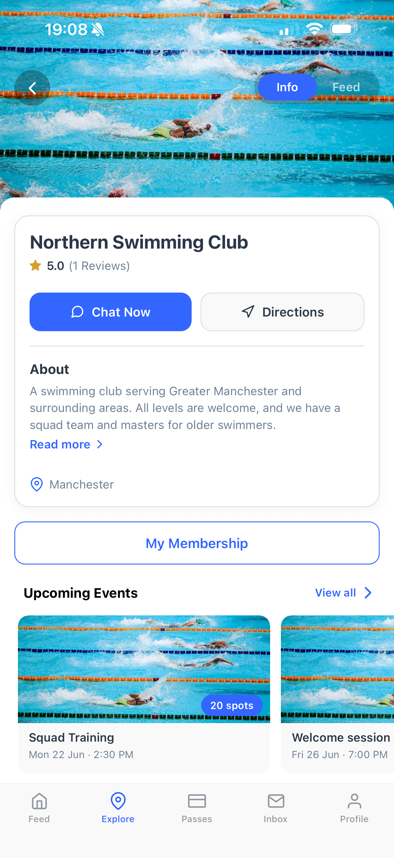 A swimming club page in the Dyno member app